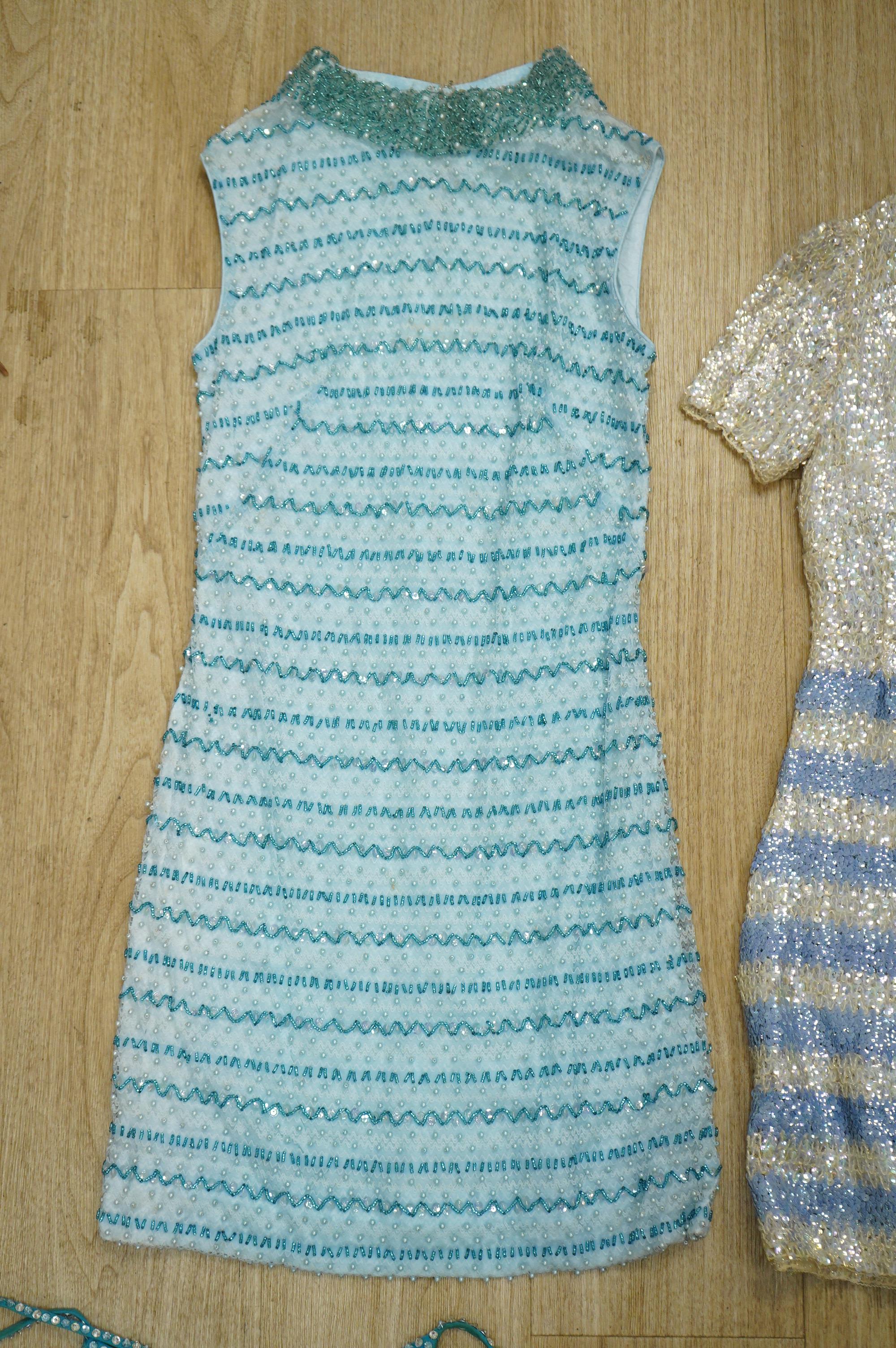 Two 1960's beaded mini dresses, a sequin top and later jumpsuit
